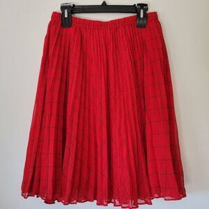 ELLE Red Pleated Midi Skirt Polka Dot Grid Print Size M
